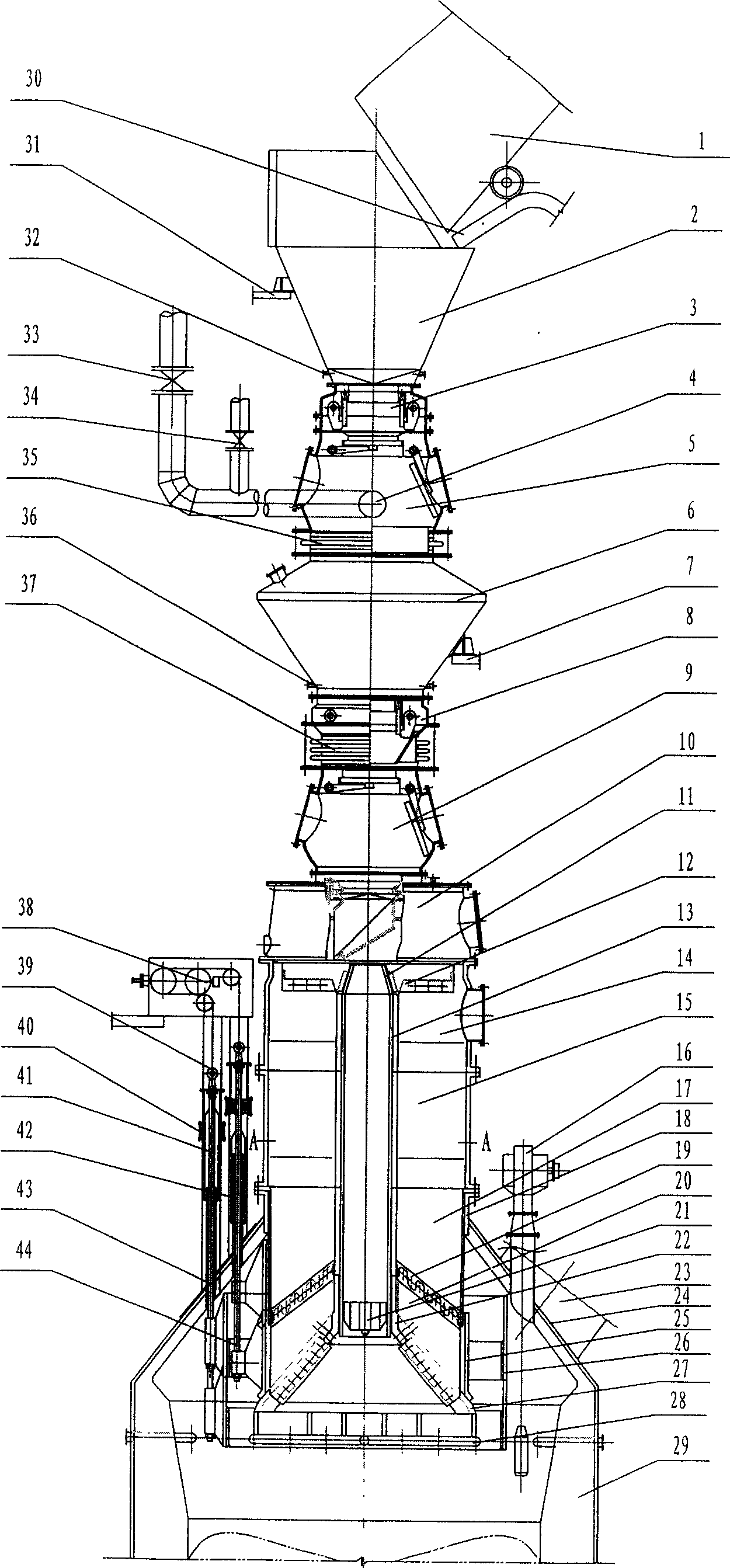 Blast furnace section ore-coke alternating multi-sector step distributing method, and its furnace top device