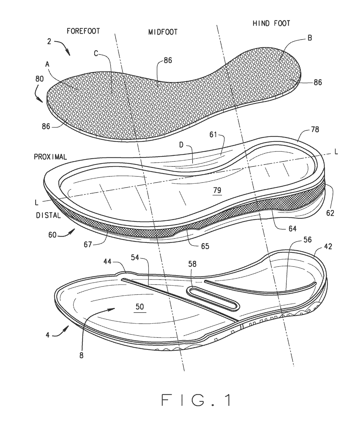 Three layer shoe construction with improved cushioning, breathability, flexibility and water displacement