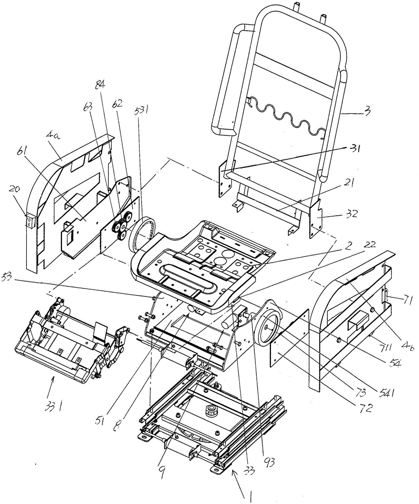 Deck-chair-type automobile seat frame driven by planetary gears