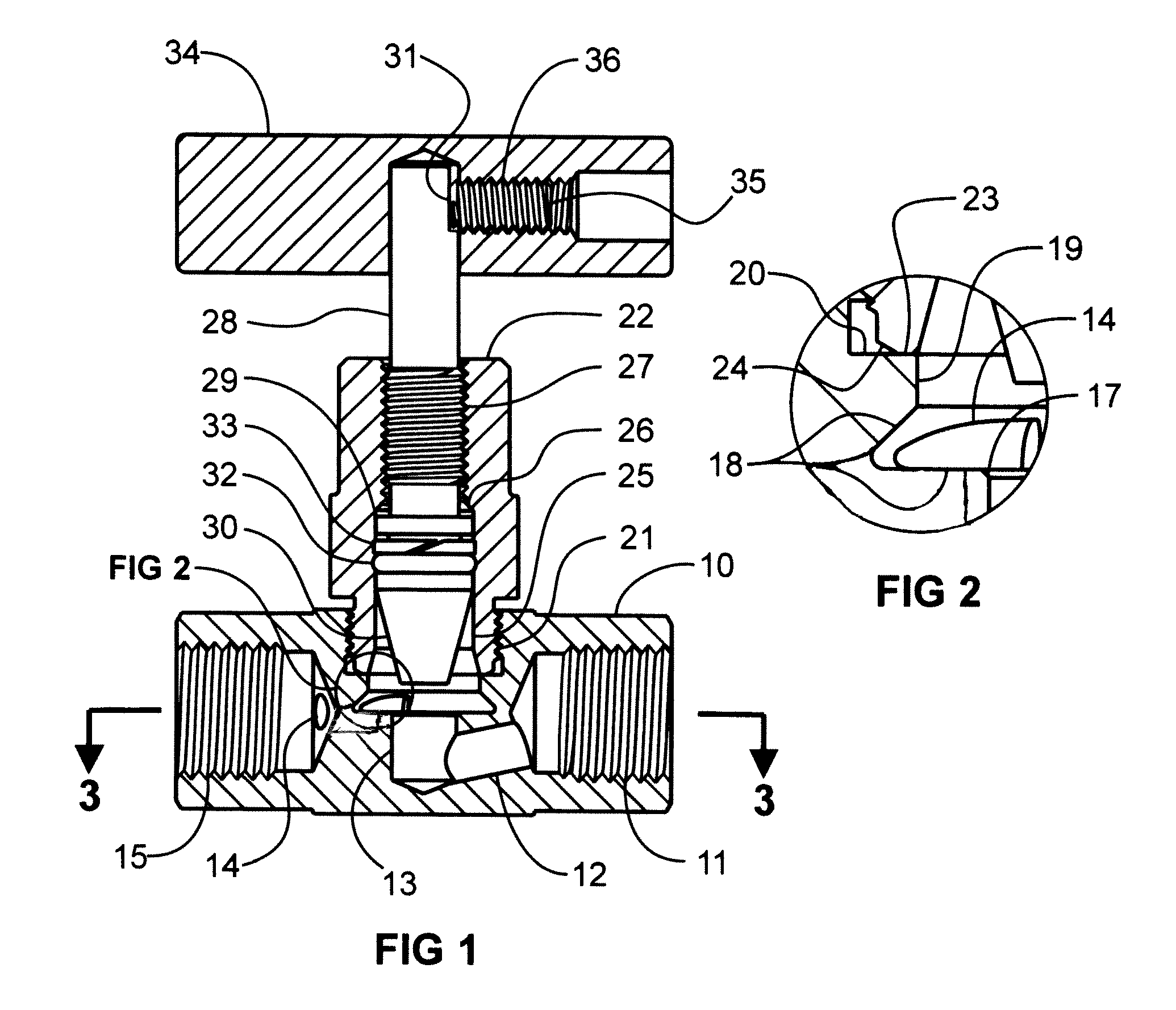 High-pressure miniature needle valve with pressure-enhanced seal