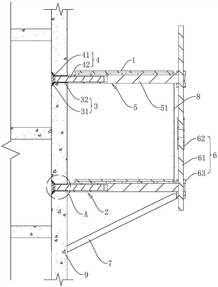 Overhanging type external scaffold facilitating wall repairing and construction method thereof