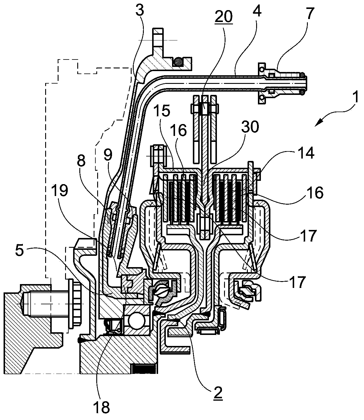 Pre-assembled structure assembly with friction clutch, corresponding transmission housing and corresponding motor vehicle
