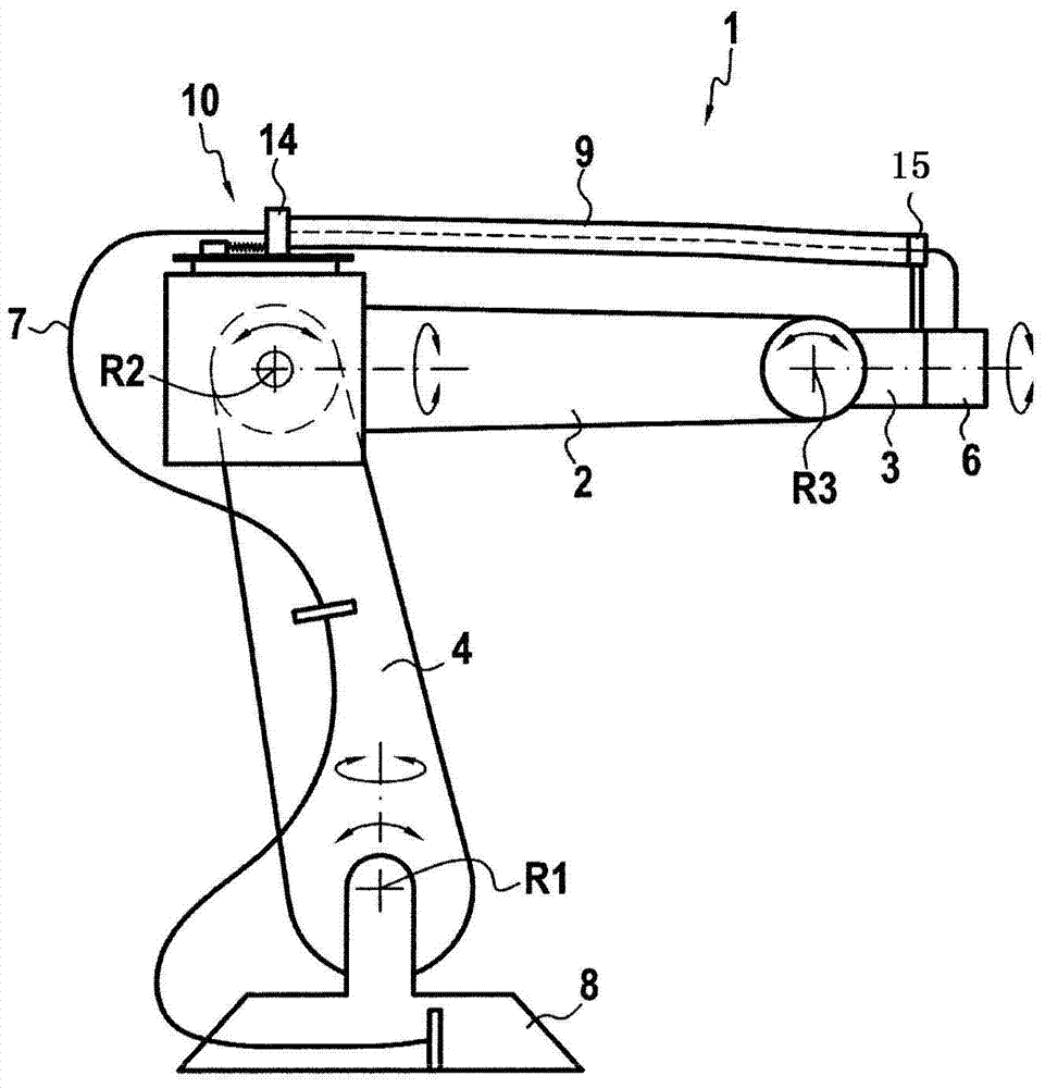 Device for guiding at least one line of an articulated arm robot and articulated arm robot
