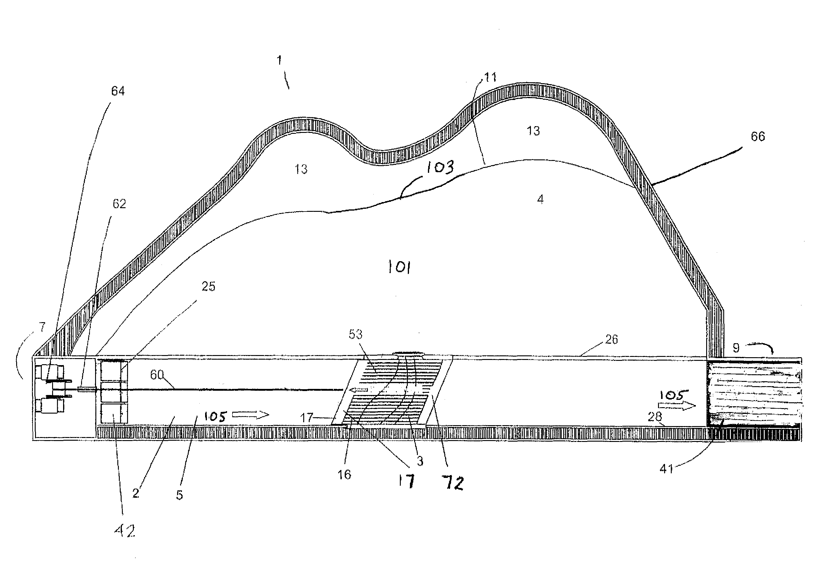 Wave pool with moving reef wave generator extension and counter current