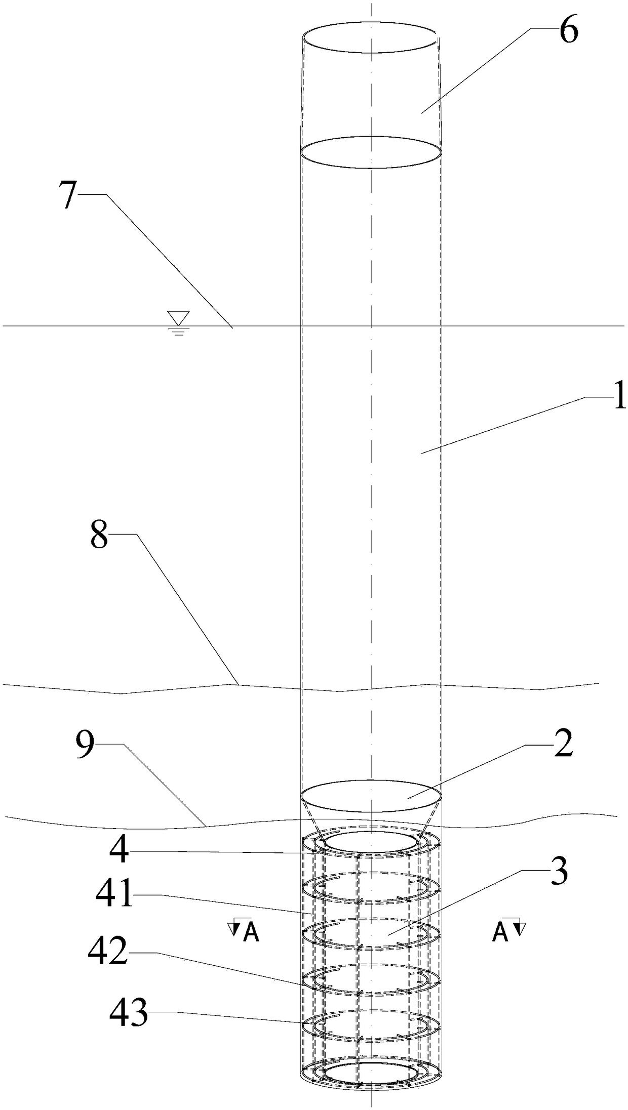 Offshore wind power implantation type single-pile foundation and construction method thereof