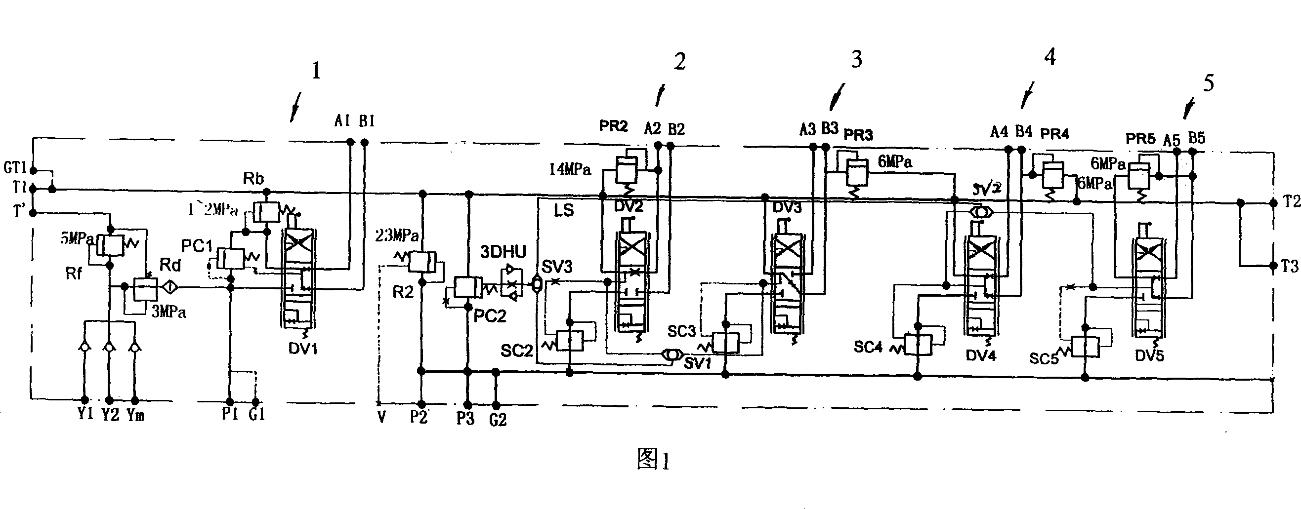 Five-parallelled composite proportional operating valve set