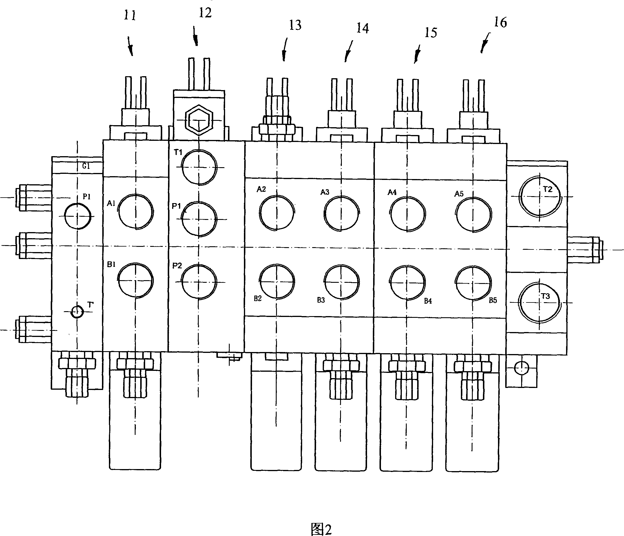 Five-parallelled composite proportional operating valve set