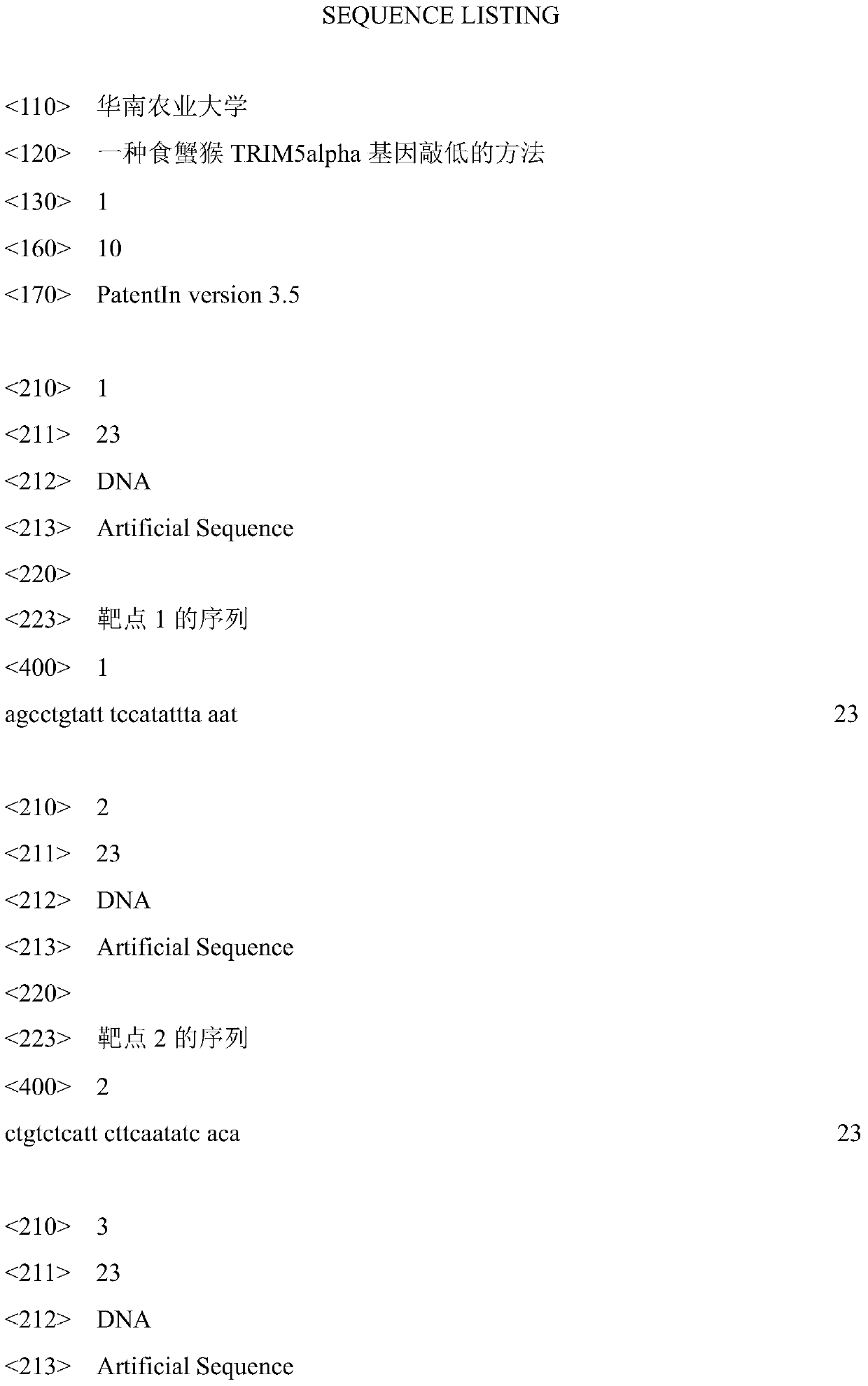 A method for knocking down trim5alpha gene in cynomolgus monkeys