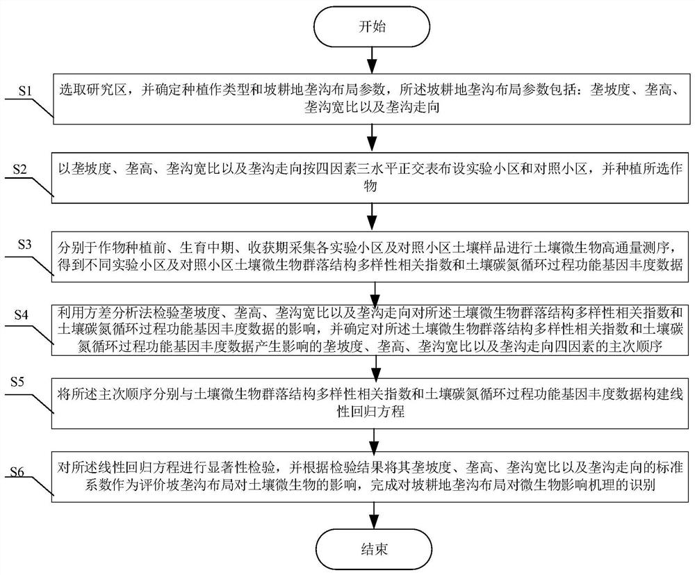 Method for identifying influence mechanism of slope cropland furrow layout on microorganisms