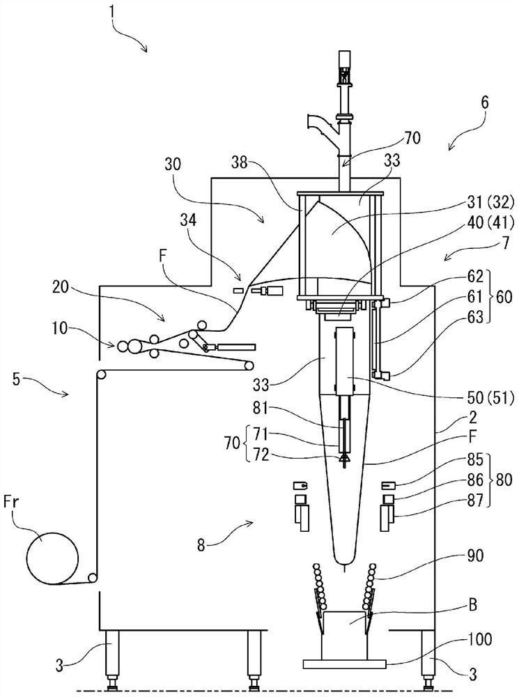 A vertical bag forming, filling and packaging machine, and a method for manufacturing film packaging bags filled with contents