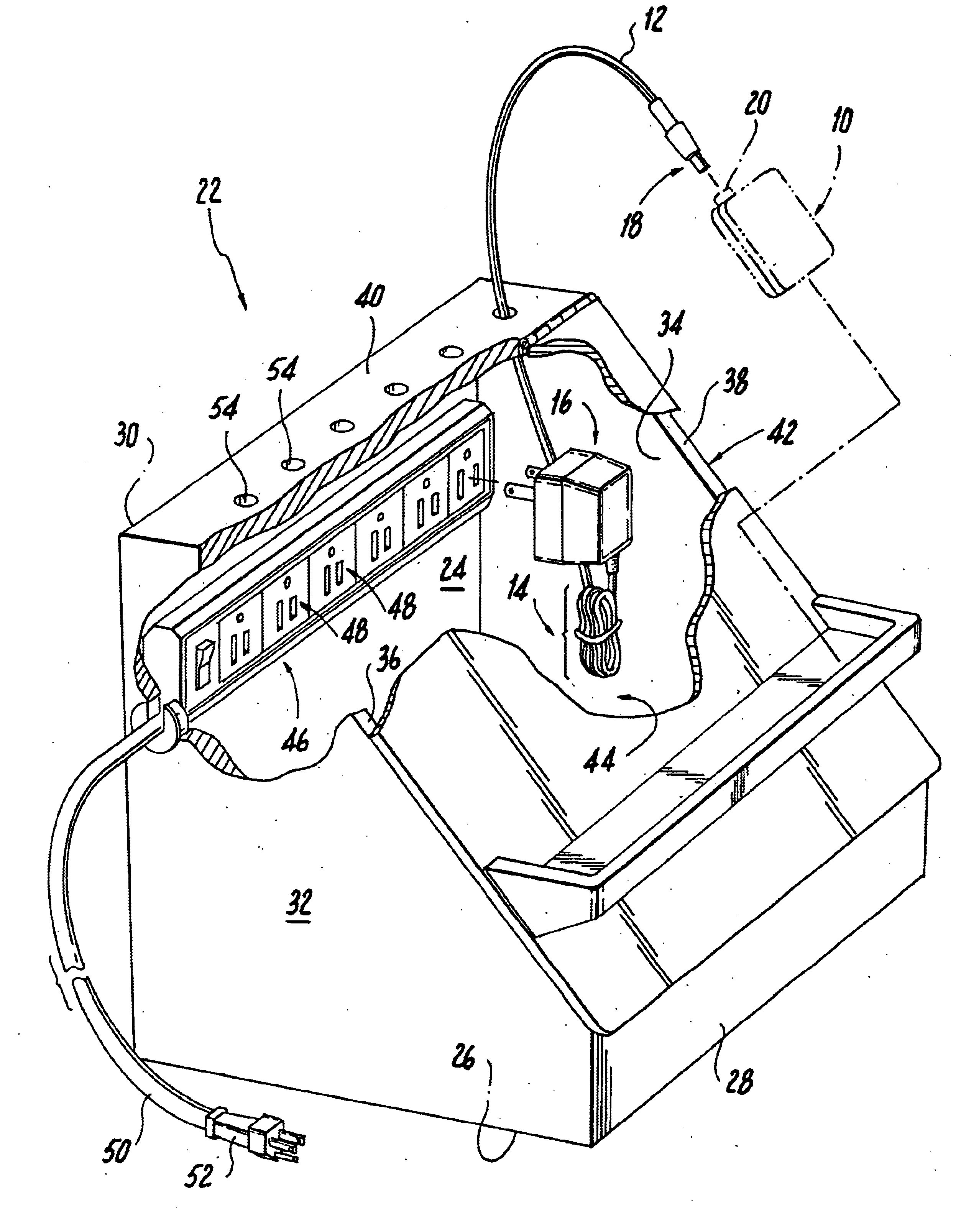 Organizer for use in the charging of electrically operated consumer products