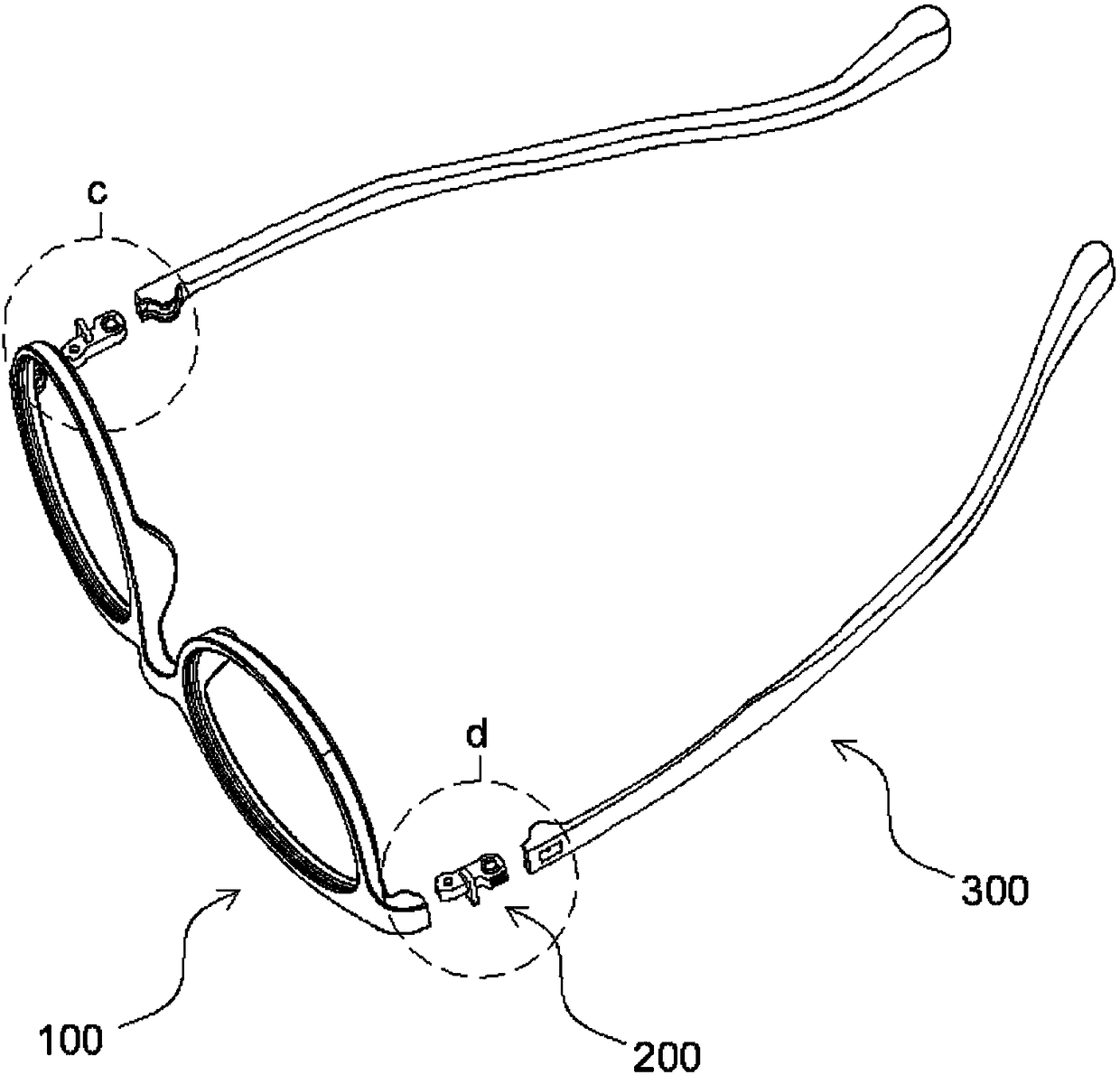 Combined structure of glasses frame and glasses hinge and glasses temples
