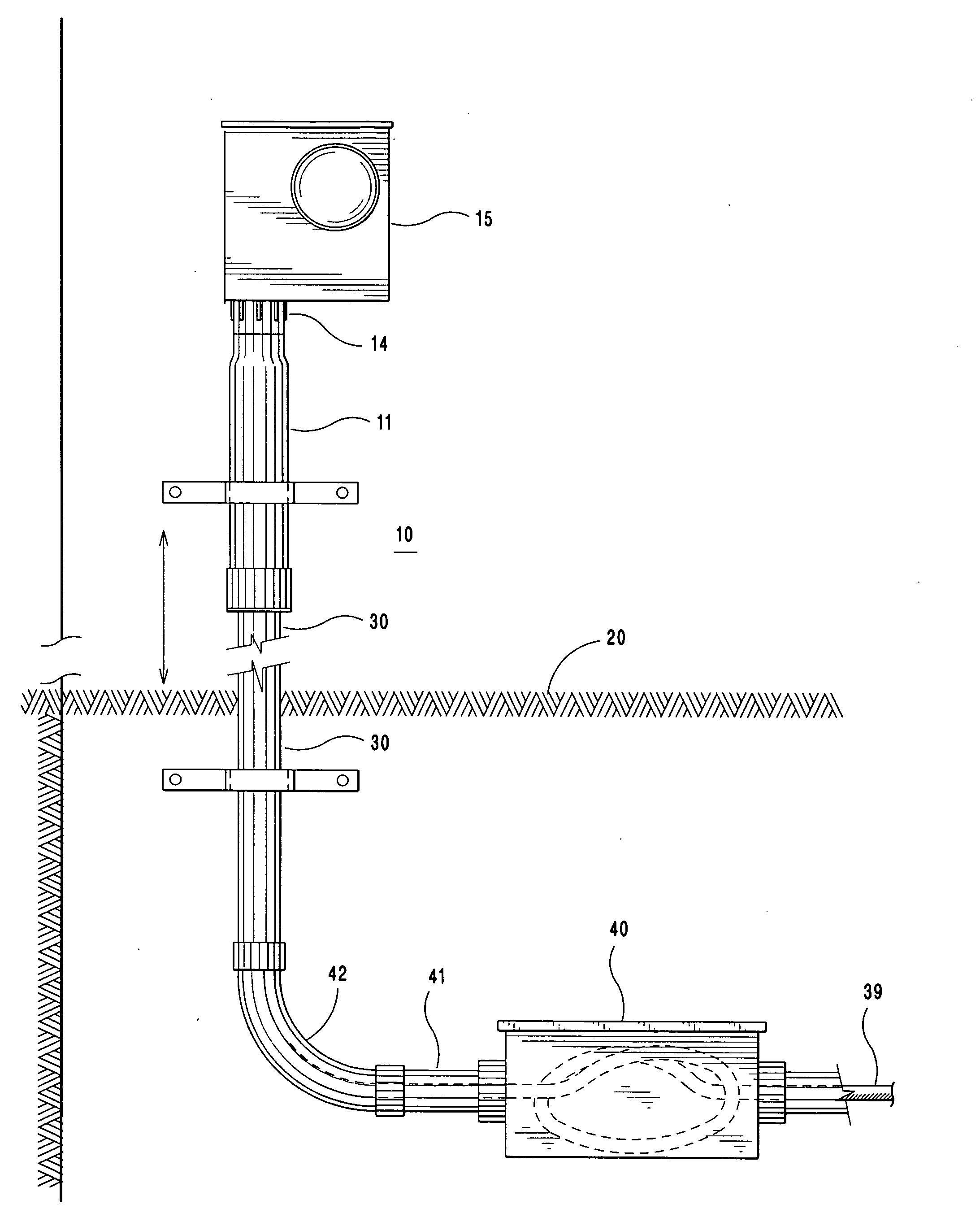 Slack cable arrangement for underground electric service conduit connected to service boxes on the sides of buildings