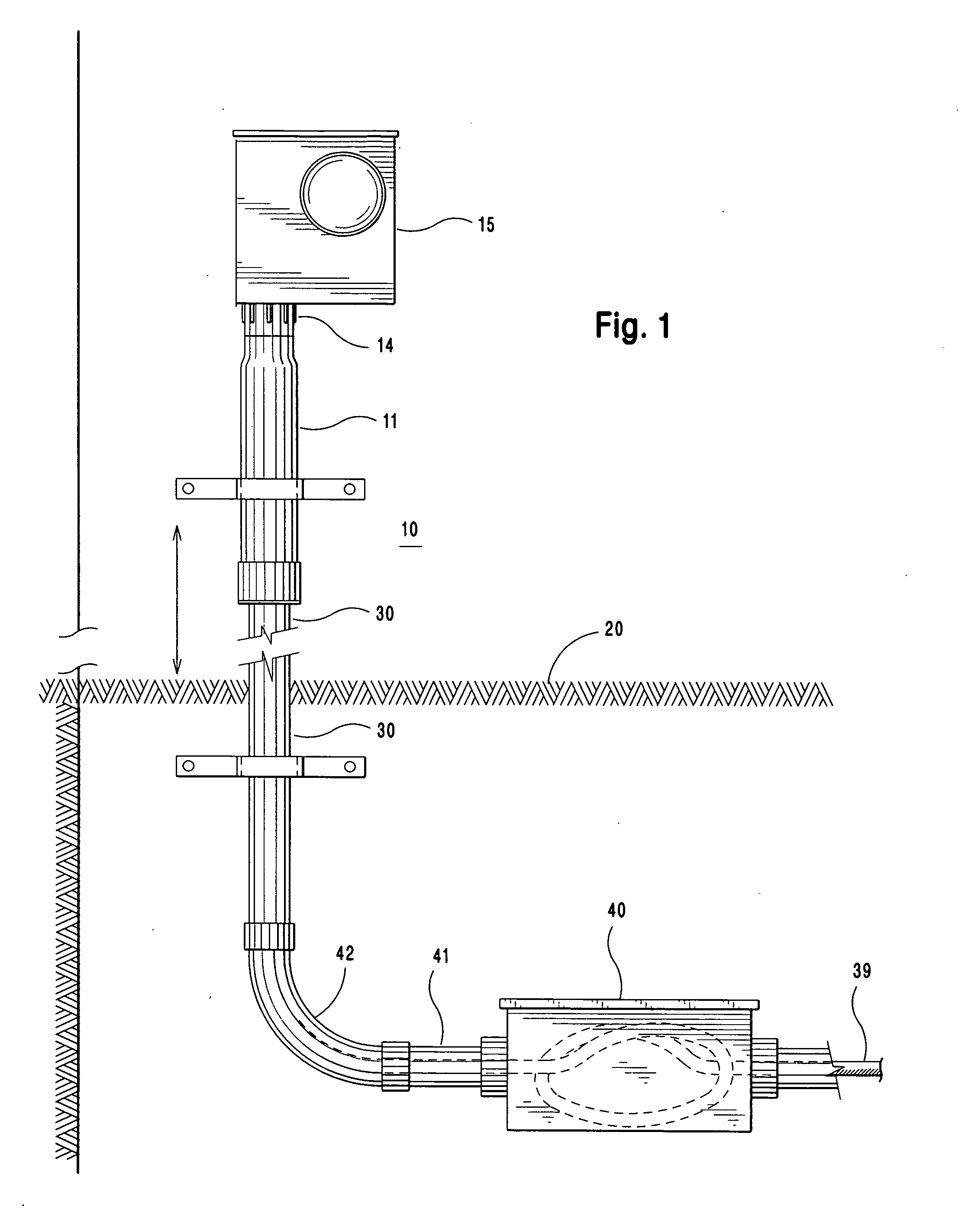 Slack cable arrangement for underground electric service conduit connected to service boxes on the sides of buildings