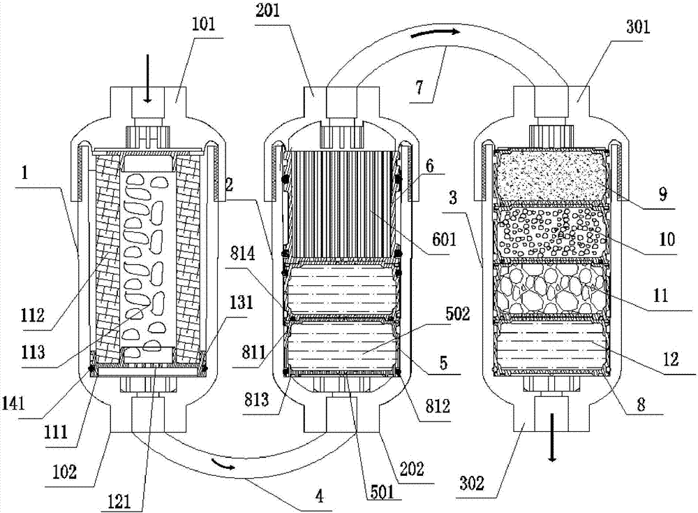 Three-section combined ultrafiltration hydrogen-enriched water purification rod