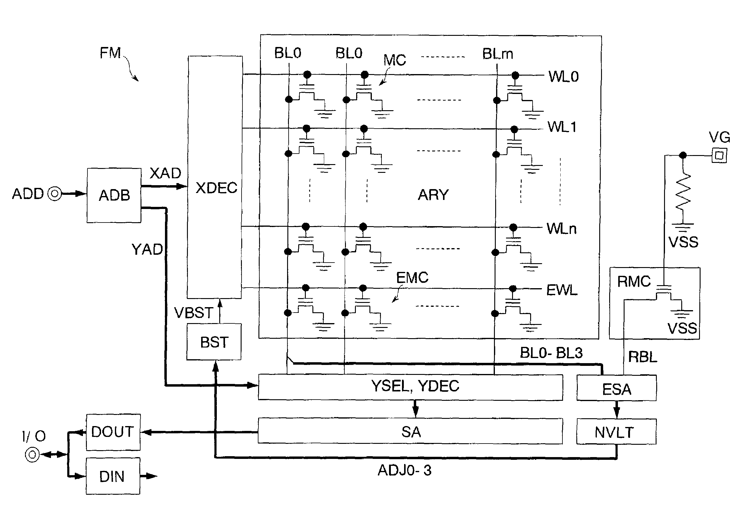 Nonvolatile semiconductor memory having voltage adjusting circuit