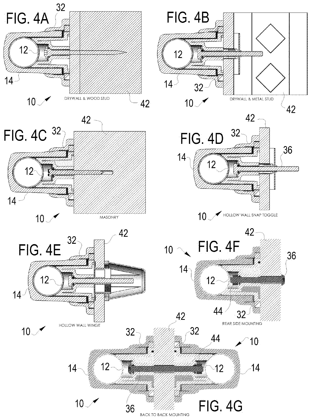 Mounting assembly for universal grab bar and handrails and grab bars using same
