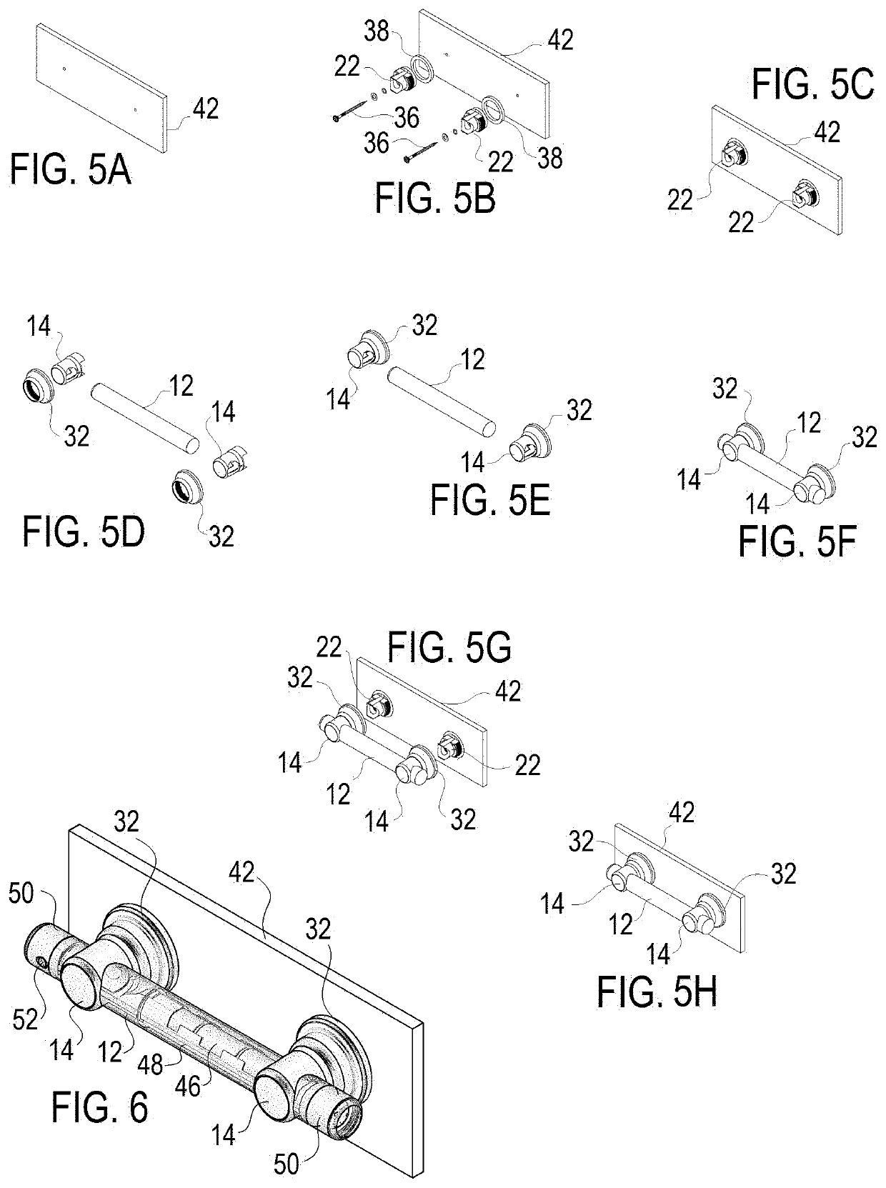 Mounting assembly for universal grab bar and handrails and grab bars using same