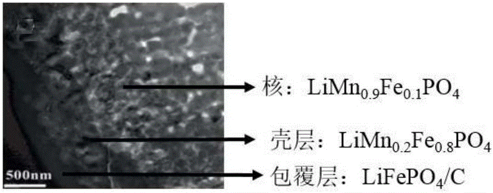Composite lithium iron phosphate/carbon coated core-shell type lithium ferric manganese phosphate anode material and preparation method thereof