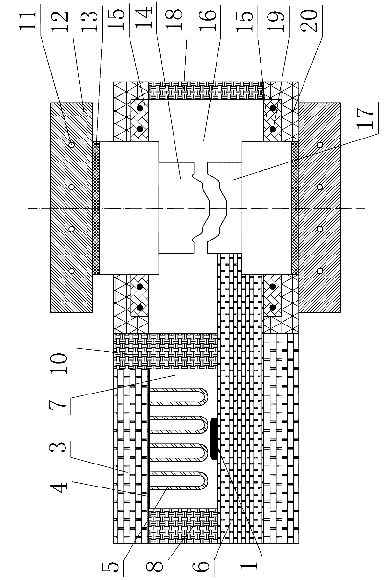 Double-chamber high-temperature forging and forming device of TiAl intermetallic compound forge piece and method thereof