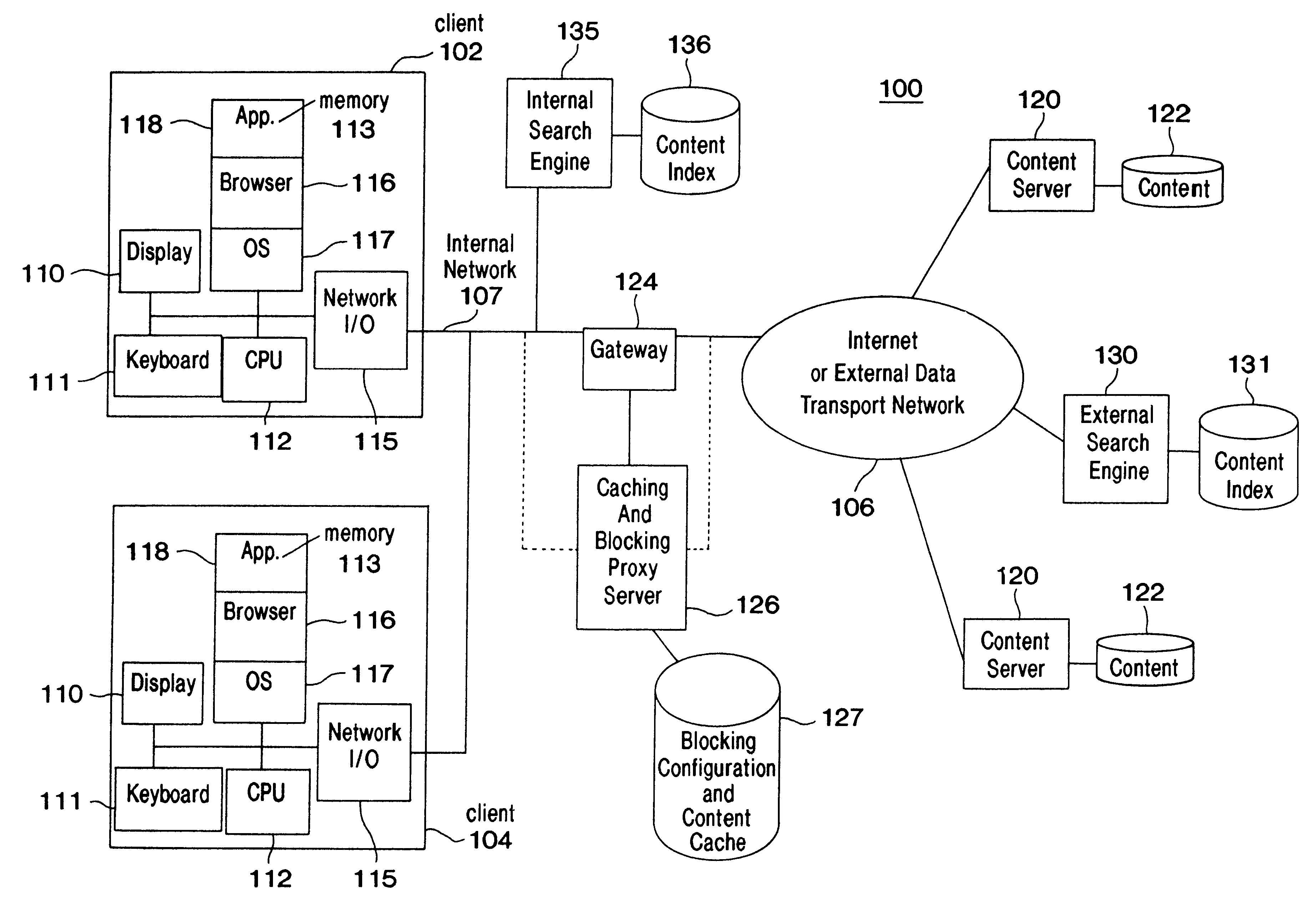 Content-indexing search system and method providing search results consistent with content filtering and blocking policies implemented in a blocking engine