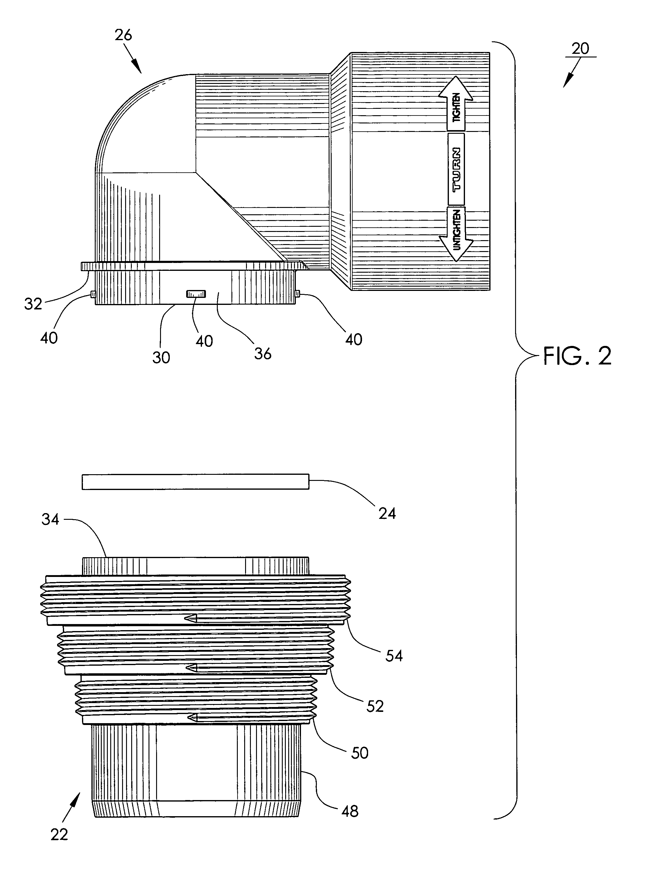 RV waste discharge sewer line two-part adapter assembly with flexible seal and locking mechanism