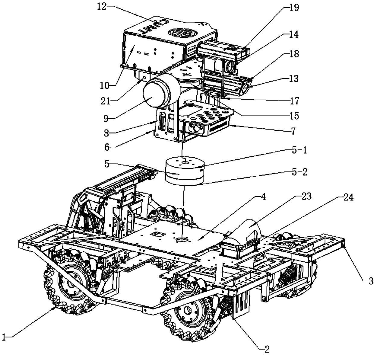 Mobile shooting robot with cradle head and chassis capable of rotating 360 degrees