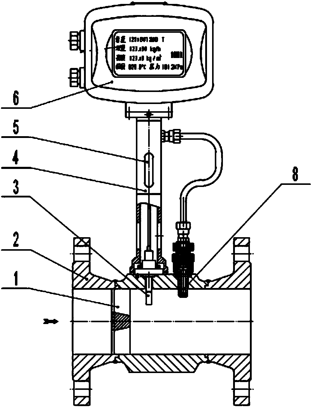 Steam vortex shedding flowmeter measuring multiple parameters