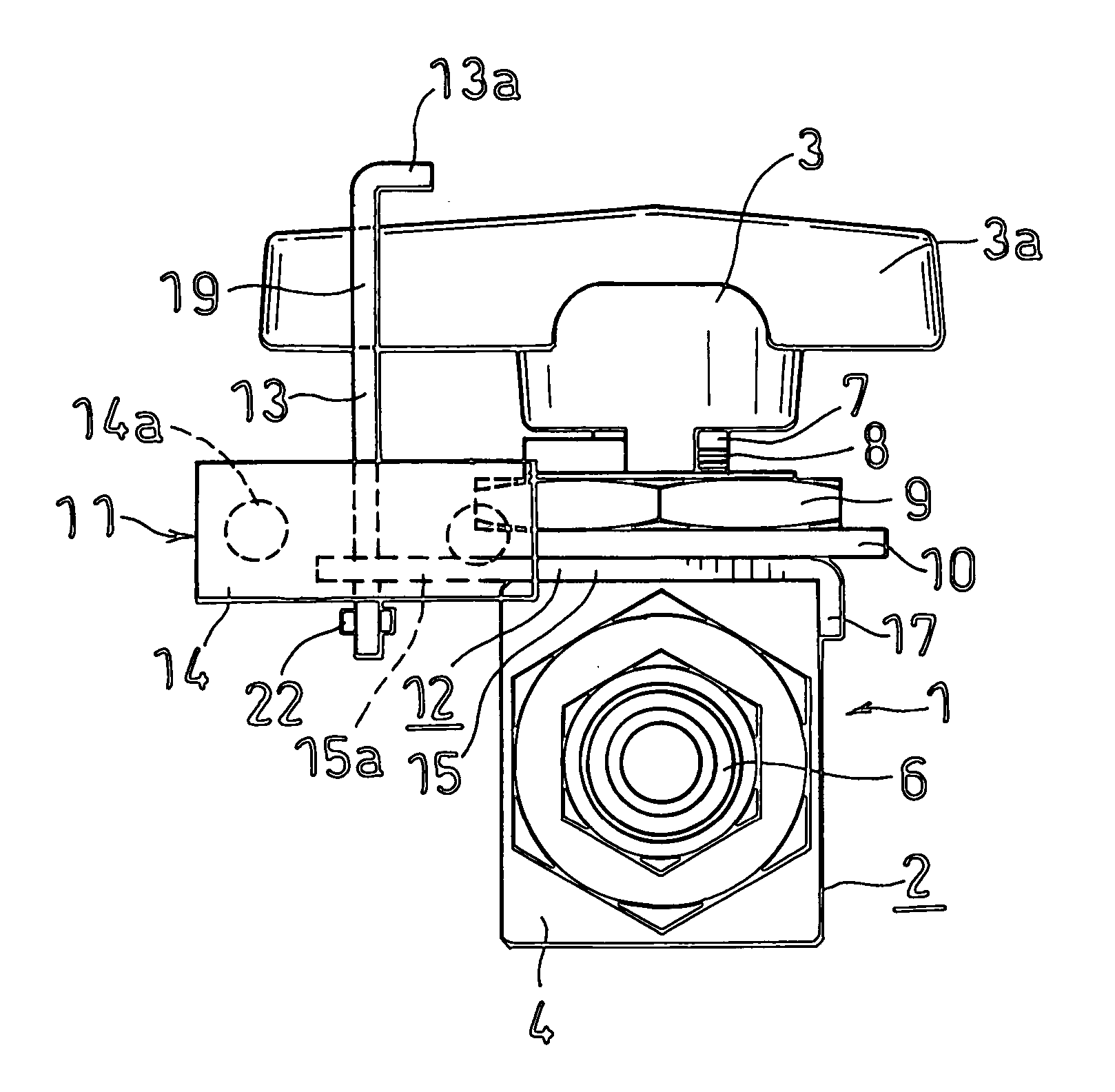 Lock device for flow passage opening/closing handle of fluid controller