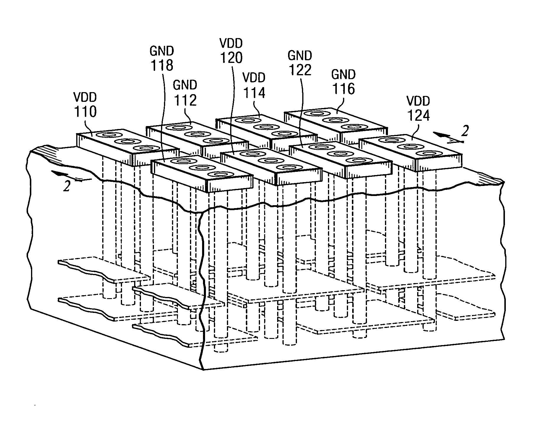 Low inductance via arrangement for multilayer ceramic substrates