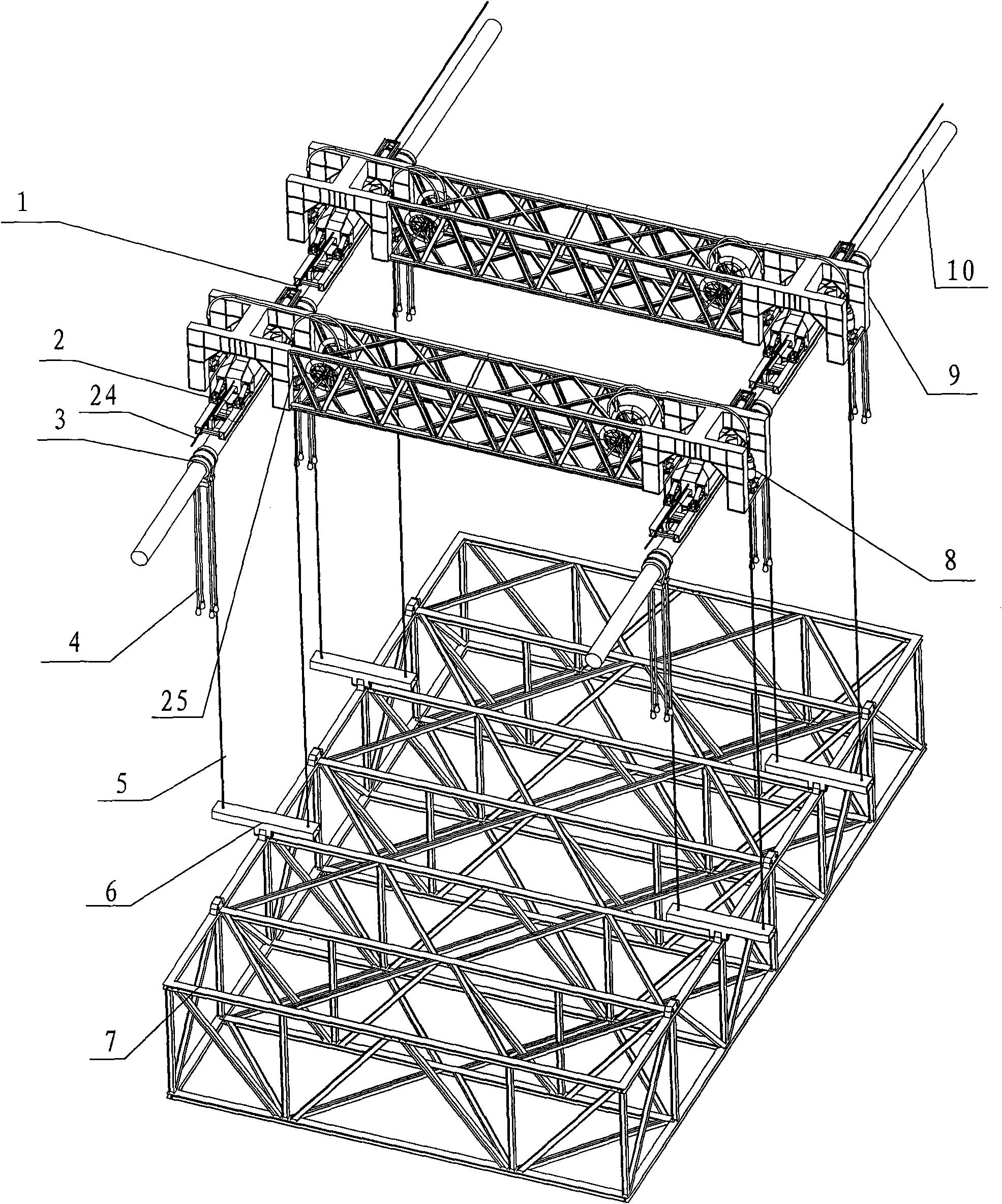 Dual-machine loading-and-walking type hydraulic numerical control deck erection gantry and control system and control method
