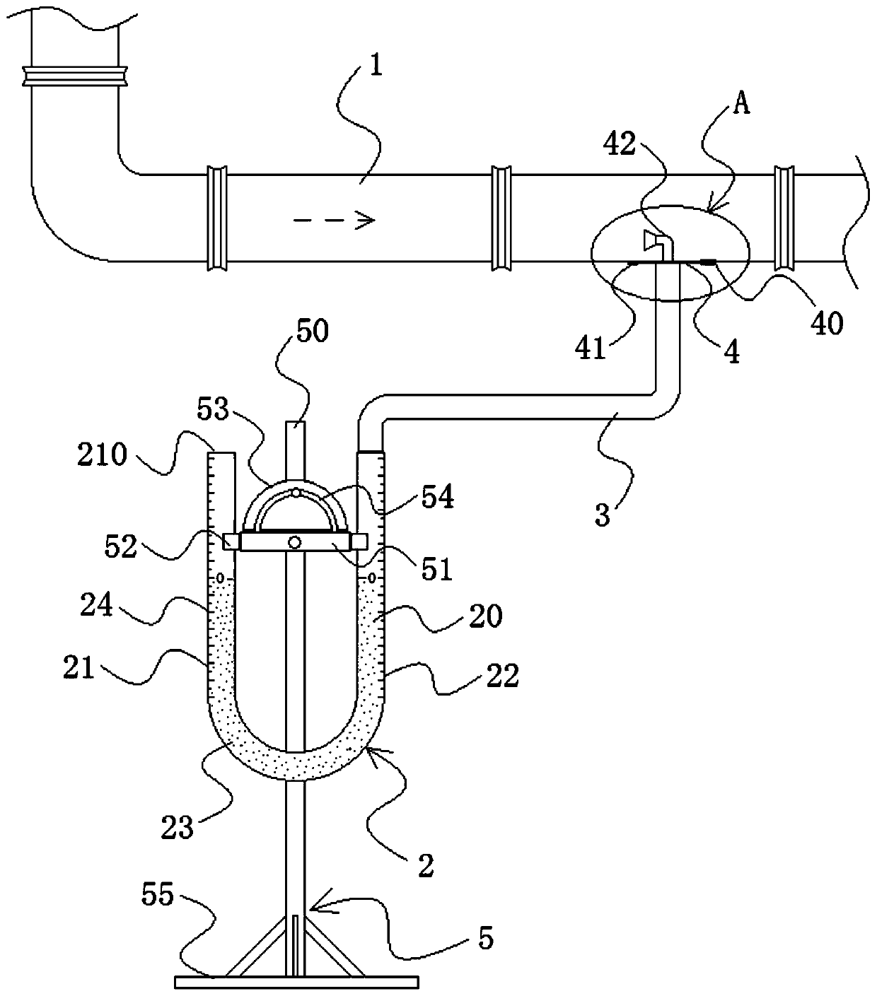 Wind pressure measuring device and method for ventilation pipeline