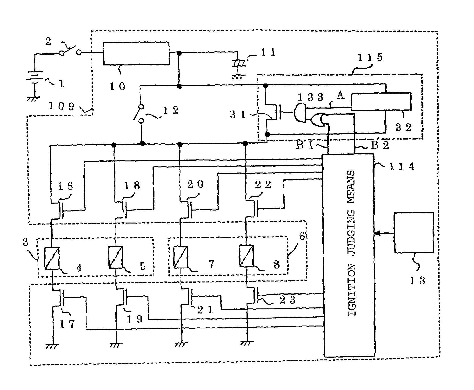Air bag starter and backup circuit used therein