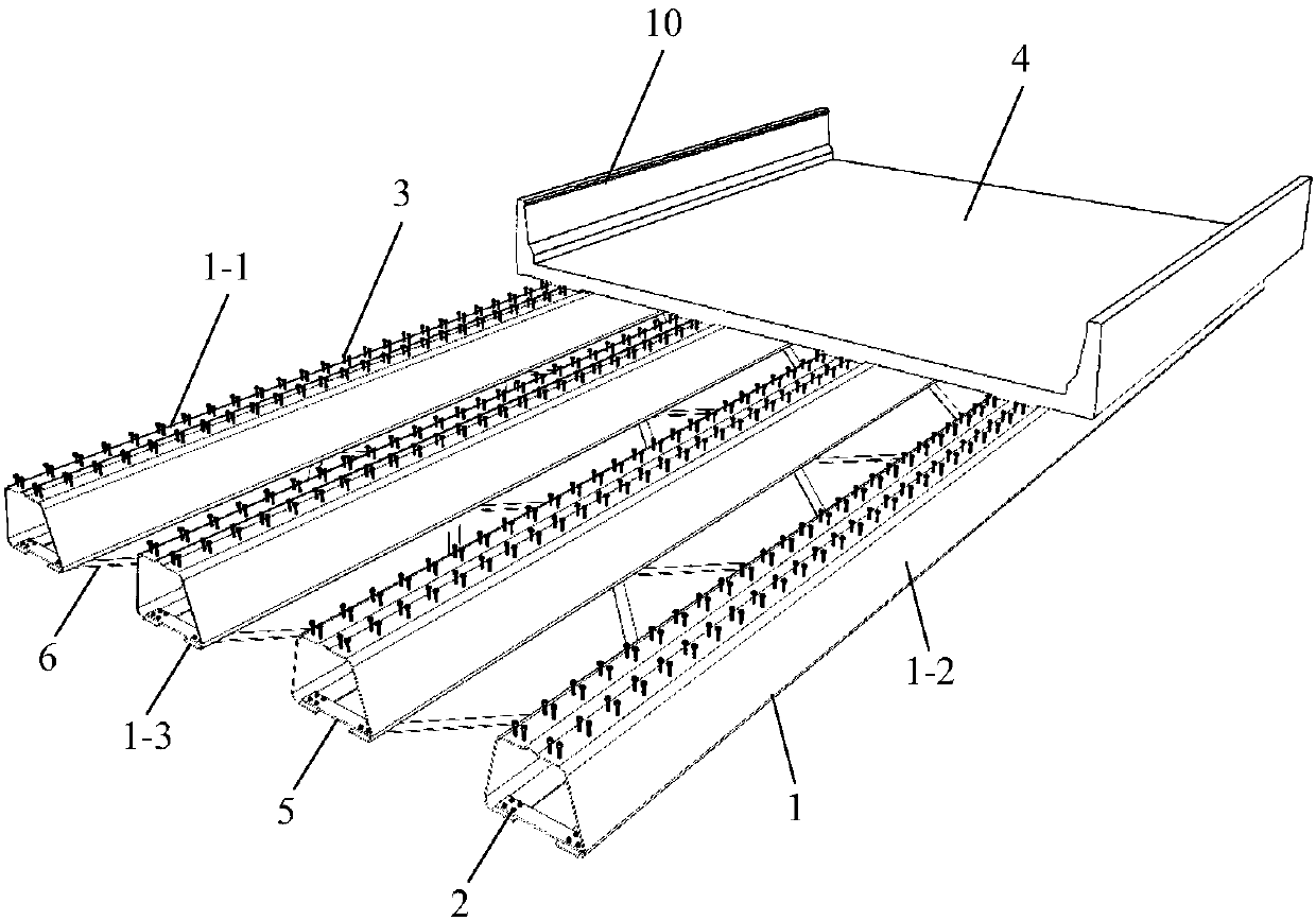 Inverted cold-bent U-shaped steel composite beam bridge connected through lacing bars and construction method