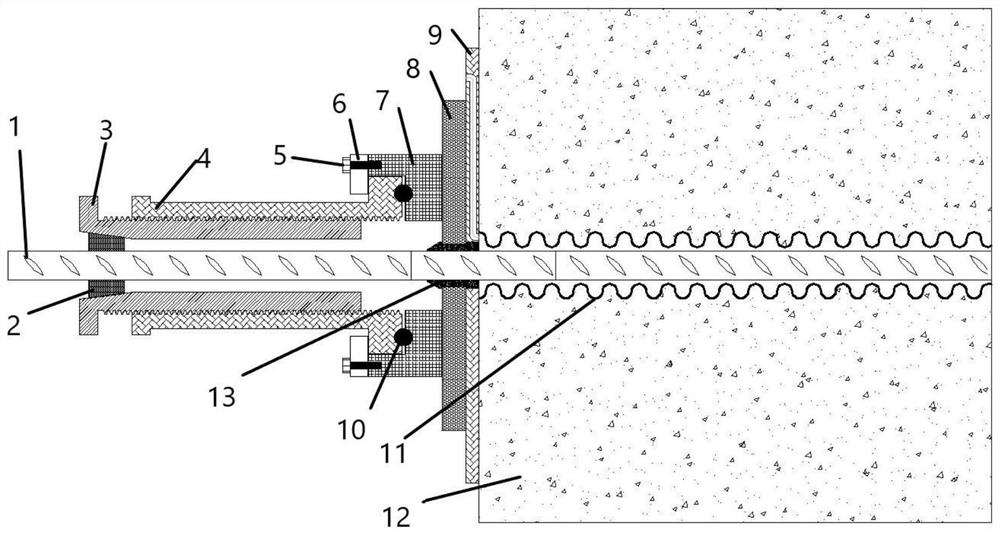 Threaded steel bar tensioning and anchoring device and construction method thereof