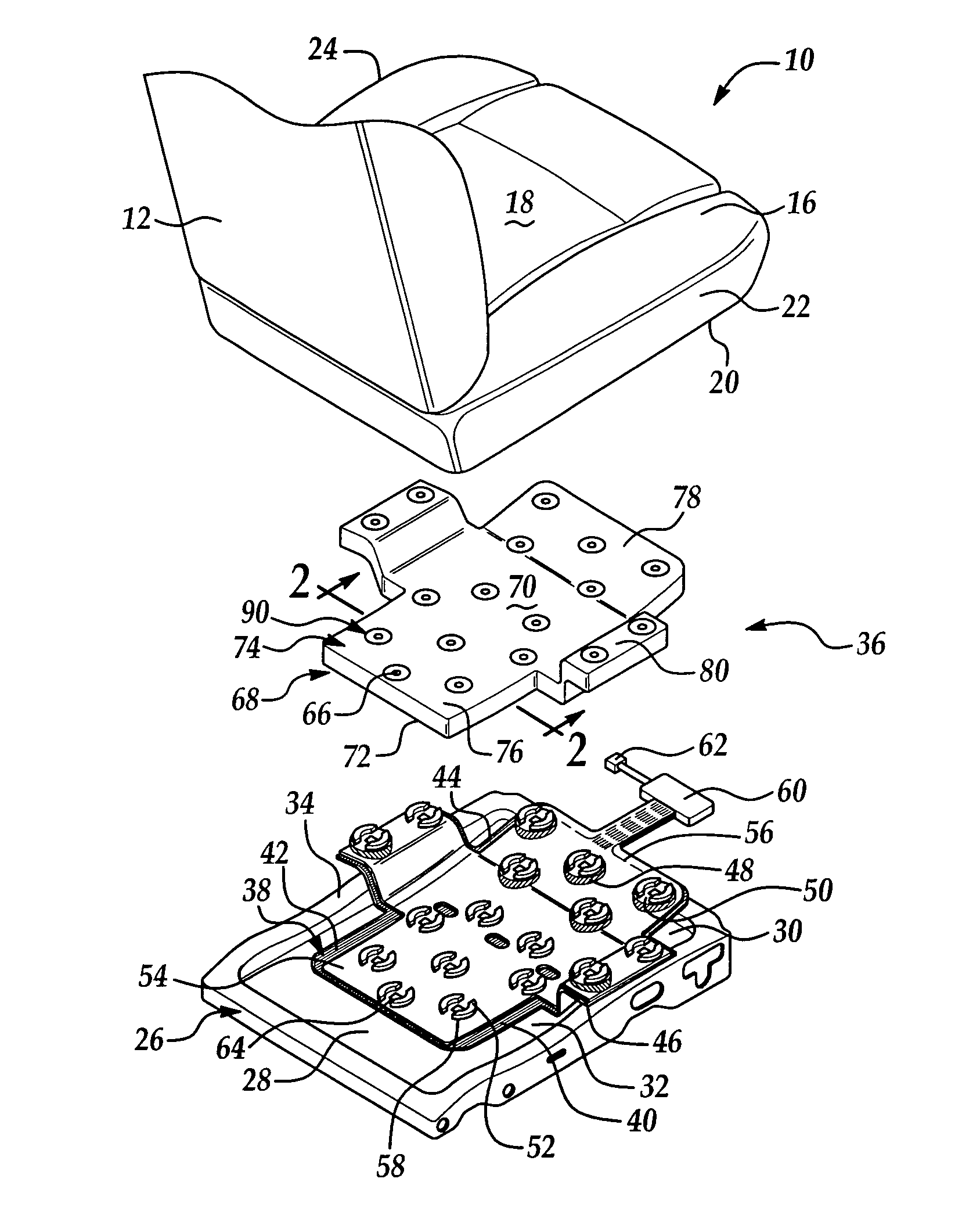 Vehicle seat assembly having a vehicle occupant sensing system with a biasing pad