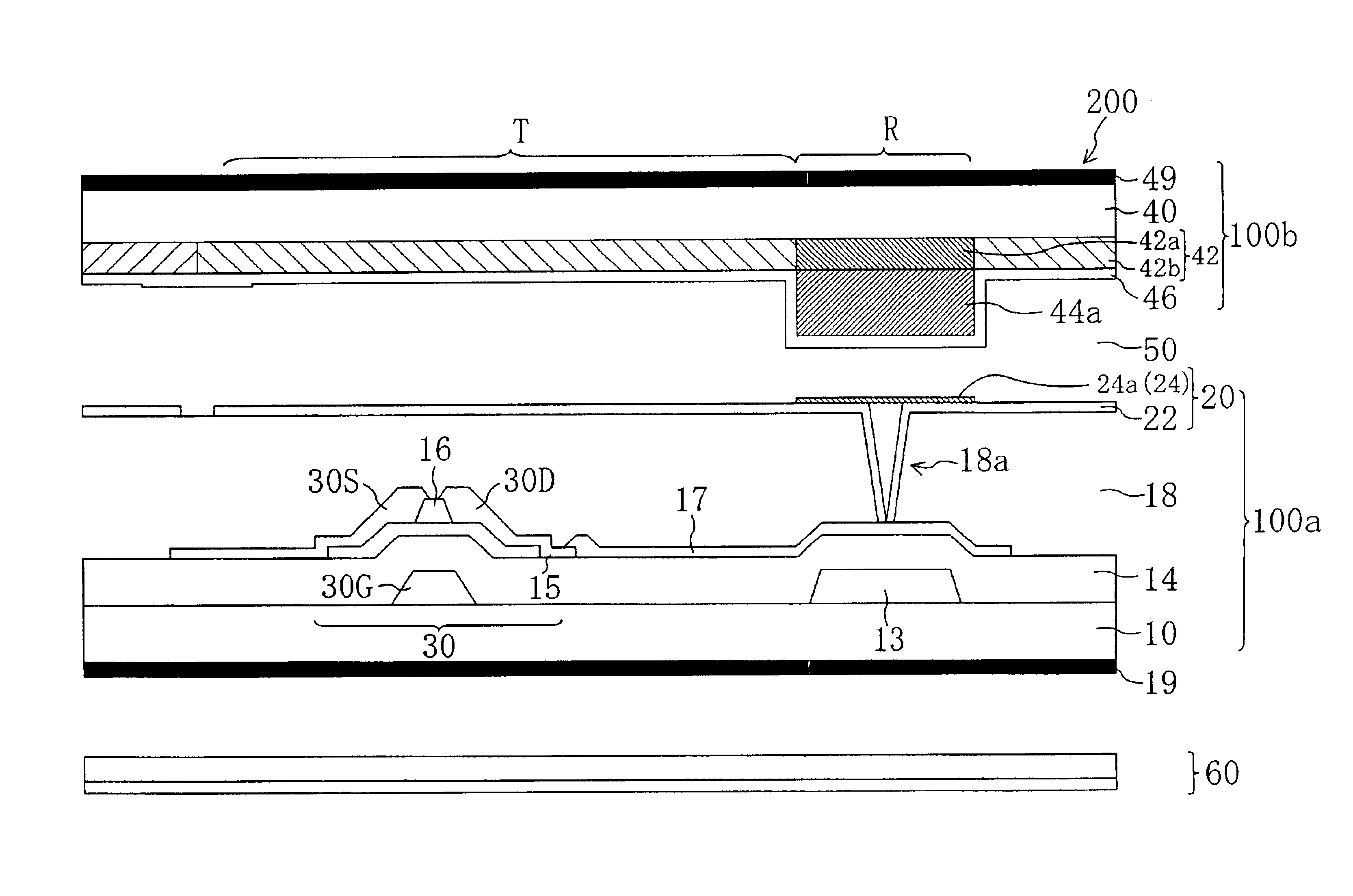 Transflective liquid crystal display device with substrate having greater height in reflective region