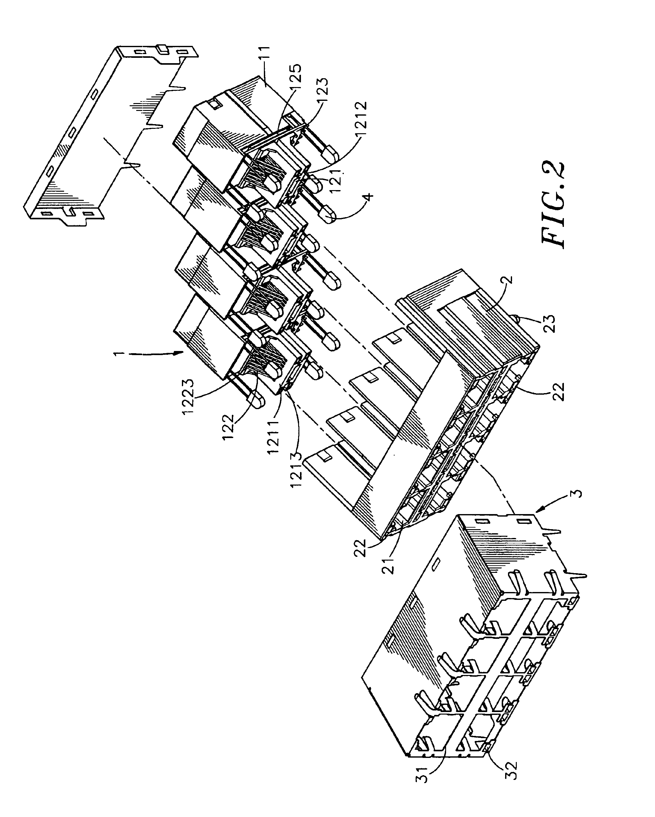 Stacked multi port connector with light-emitting element
