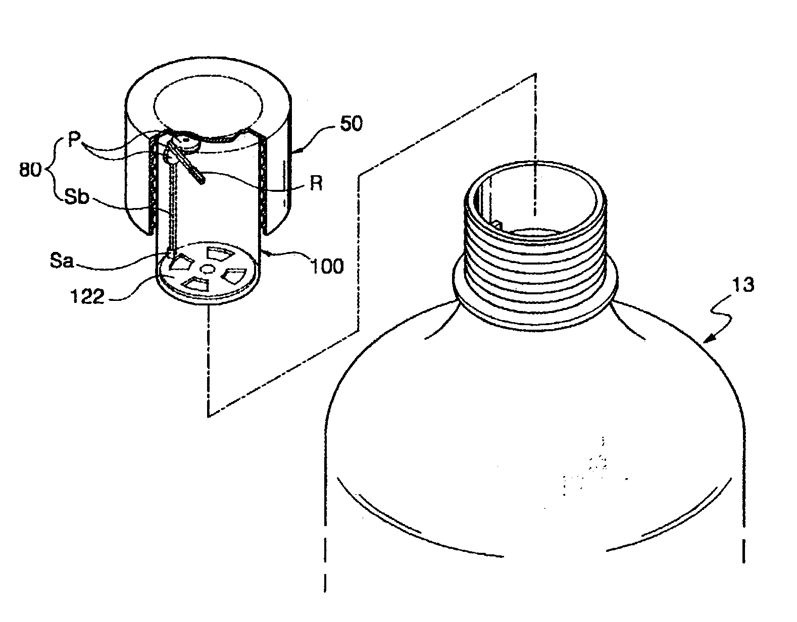 Cap device for mixing different kinds of substances separately kept therein within a container