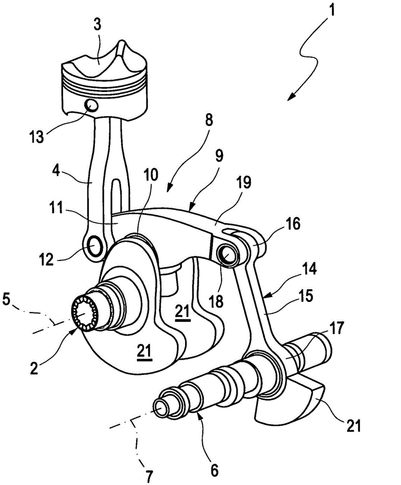 Internal combustion engine with multi-joint crank drive and additional mass on the articulated linkage of the multi-joint crank drive for damping free inertial forces