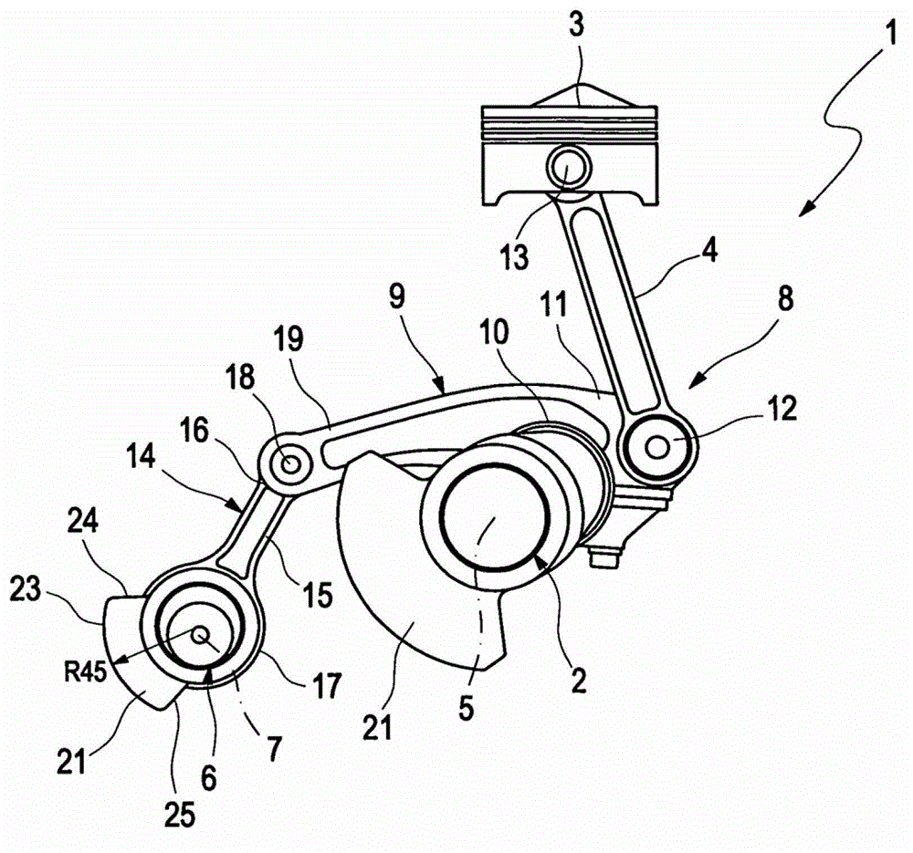 Internal combustion engine with multi-joint crank drive and additional mass on the articulated linkage of the multi-joint crank drive for damping free inertial forces