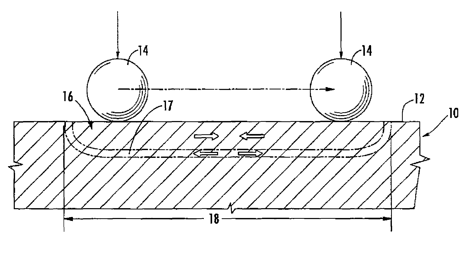 Component of variable thickness having residual compressive stresses therein, and method therefor