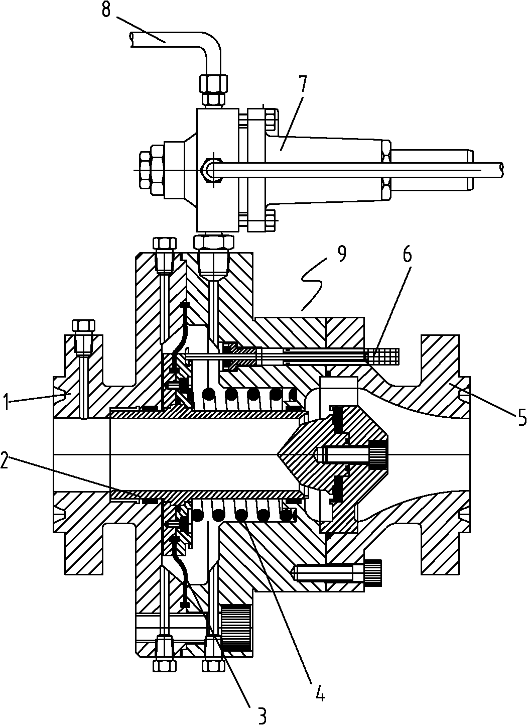 Self-operated axial flow pressure regulating valve fully open in case of failure