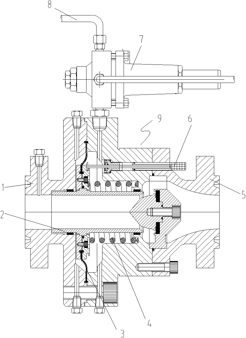 Self-operated axial flow pressure regulating valve fully open in case of failure