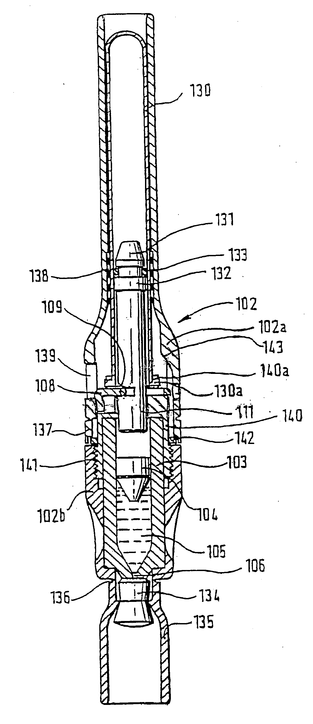 Needleless injector with shock absorbing means between ram and piston