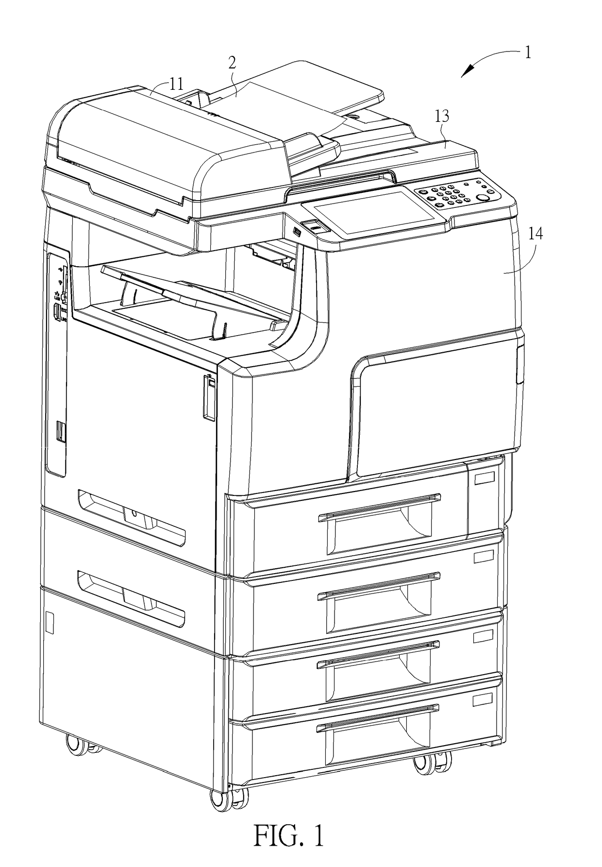 Two-sided scanning device having brightness calibration components and scanning background components and office machine therewith