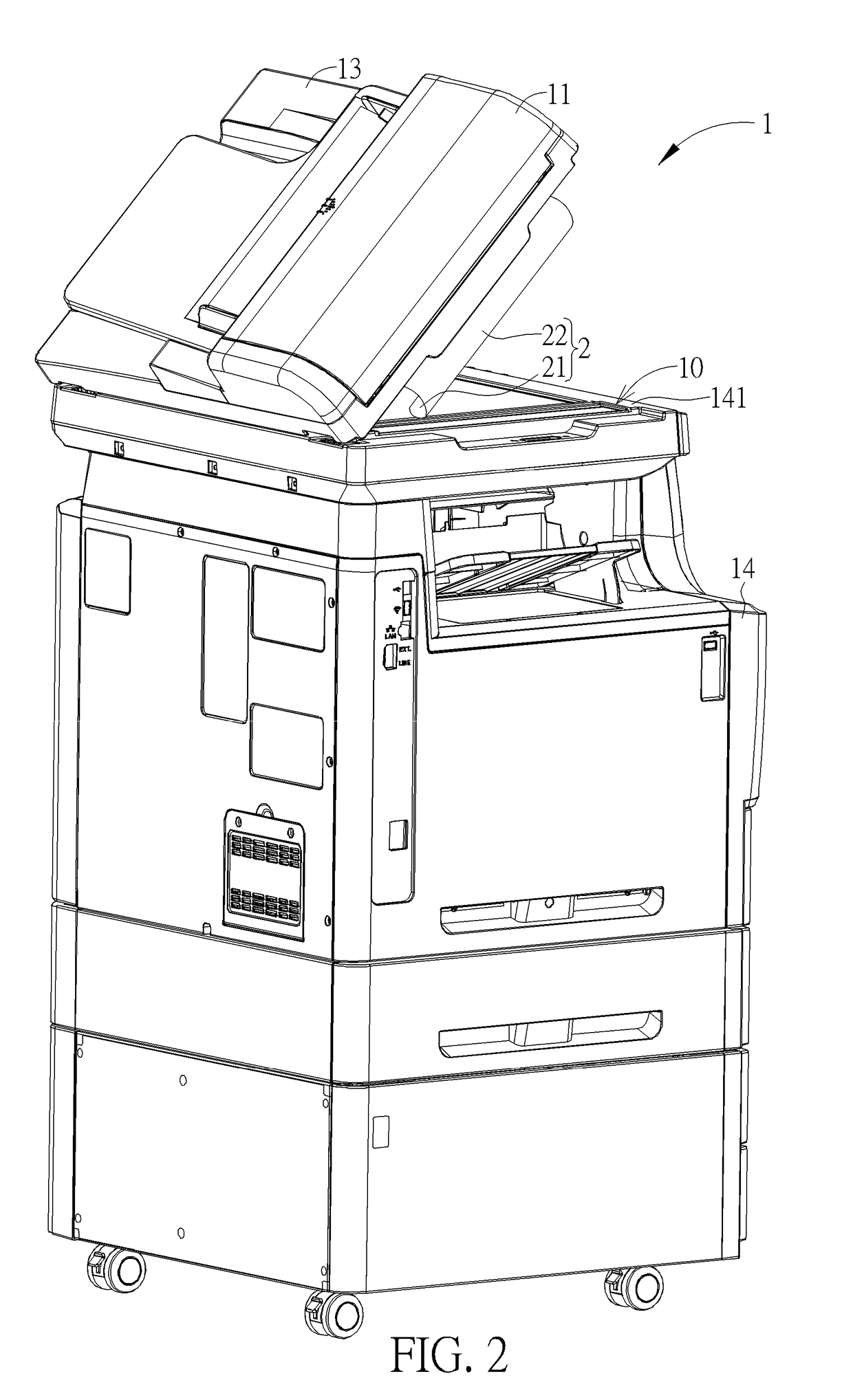 Two-sided scanning device having brightness calibration components and scanning background components and office machine therewith