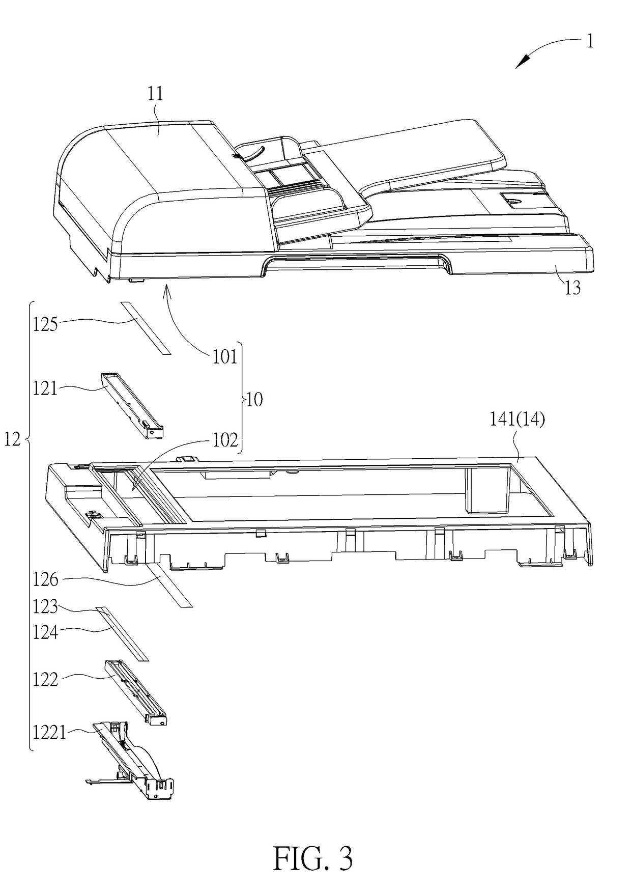 Two-sided scanning device having brightness calibration components and scanning background components and office machine therewith