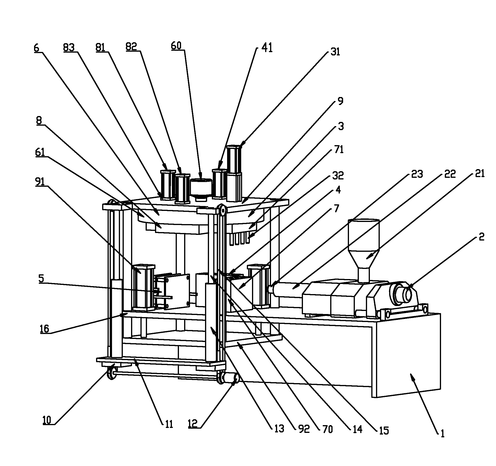 Hollow forming machine for one-step injection, drawing and blowing of plastic