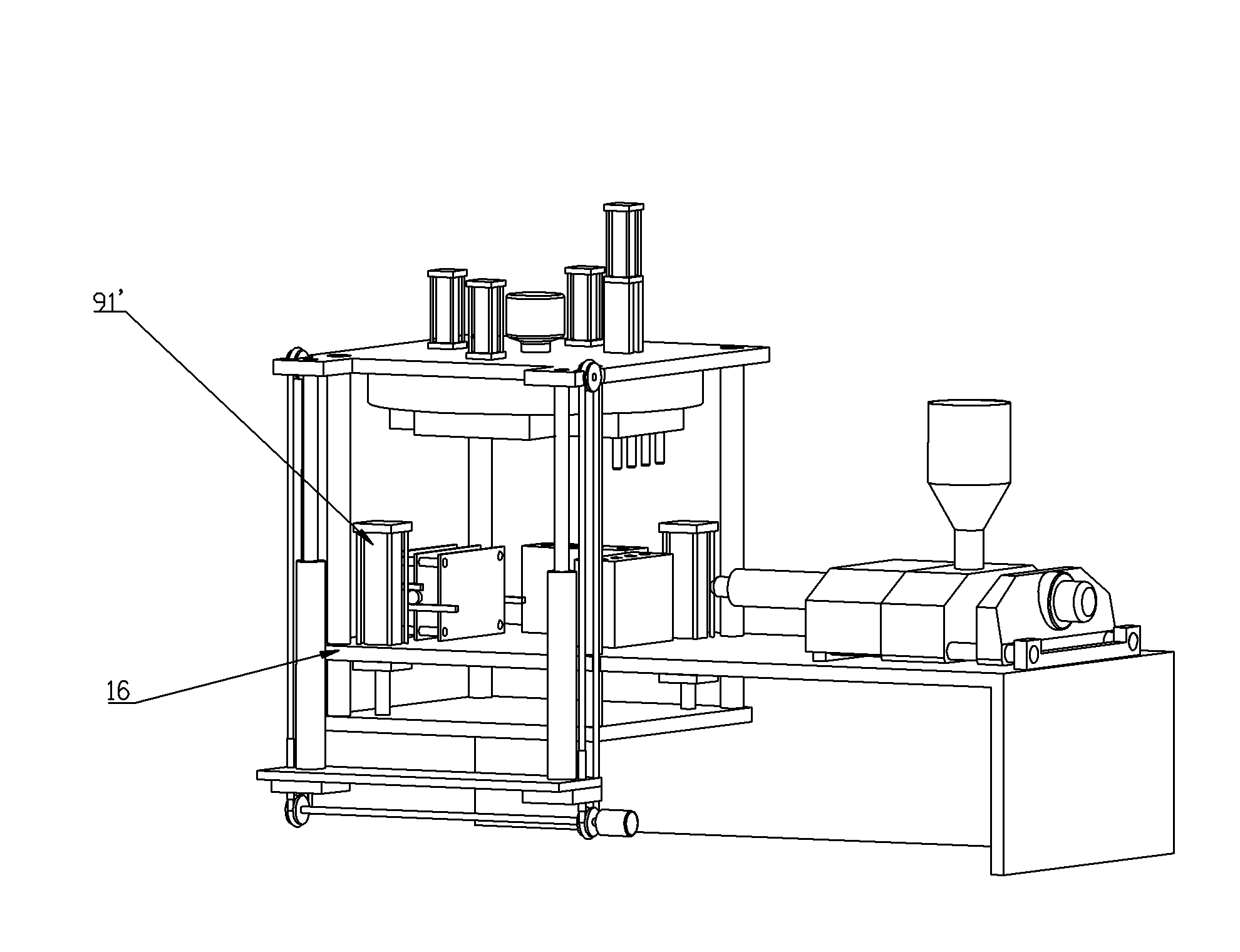 Hollow forming machine for one-step injection, drawing and blowing of plastic